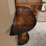 Half-Moon Dark Burl Wood Console Table with Stacked Gold Cylindrical Pedestal